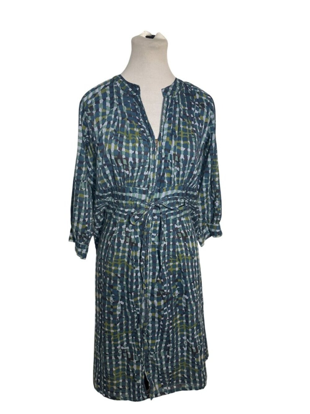 Little Journeys Chicago Blue & Green Geometric Printed Cotton Tie-Waist Dress M